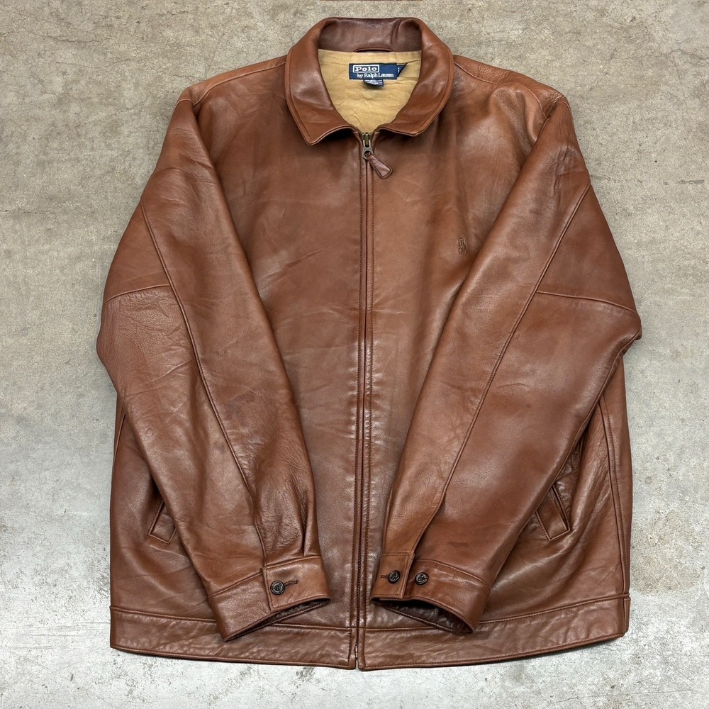 VTG Polo Ralph Lauren Buttery Soft Leather Caramel Brown Full Zip Jacket Mens XL